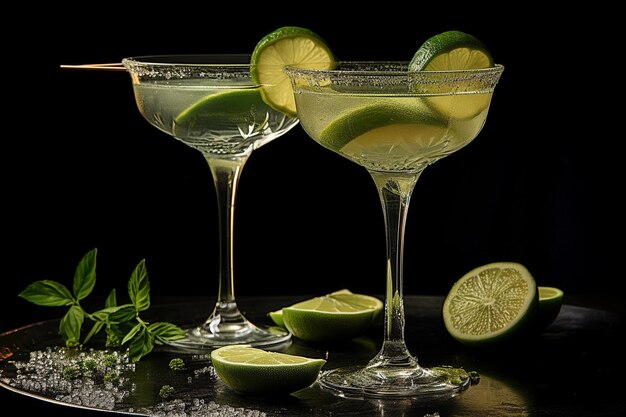 La limonade servie dans des verres à martini avec une tranche de citron vert