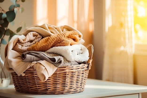 Photo linge dans un panier en osier pour le lavage à l'intérieur de la serviette de chambre