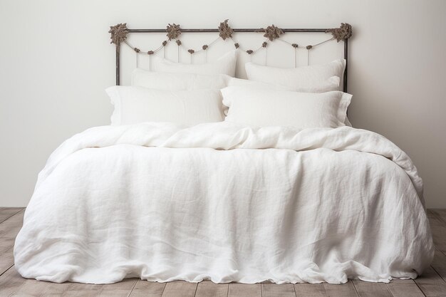 Photo linge de lit blanc oreillers lit chambre à coucher chaude vue de devant