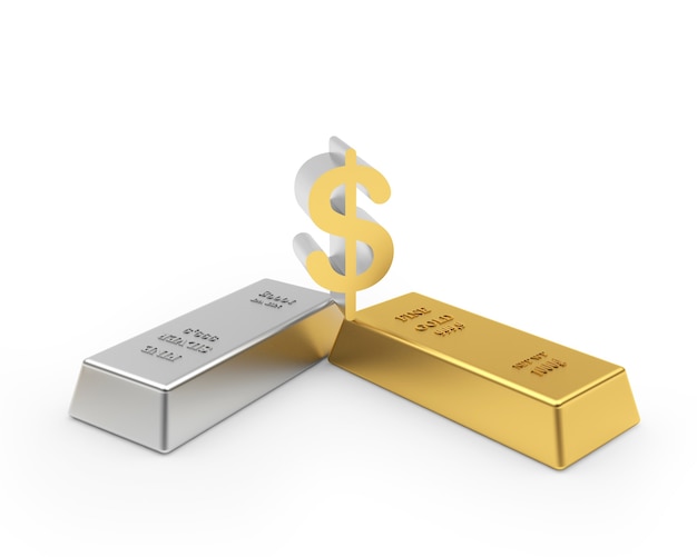 Lingots d'or et d'argent avec signe dollar 3d