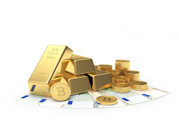 Lingots d'or avec bitcoin et billets en euros