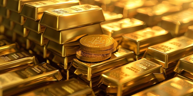 Des lingots d'or et des bitcoins empilés