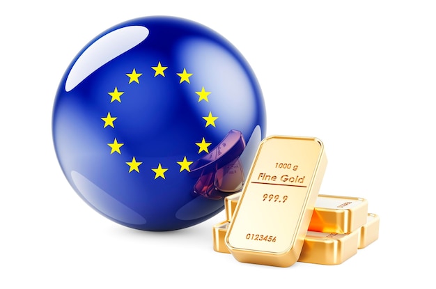 Lingots d'or avec le drapeau de l'UE Réserves de change du concept de l'Union européenne rendu 3D