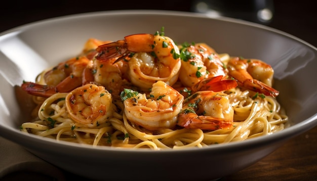 Linguini gastronomique aux fruits de mer frais et aux herbes générés par l'IA