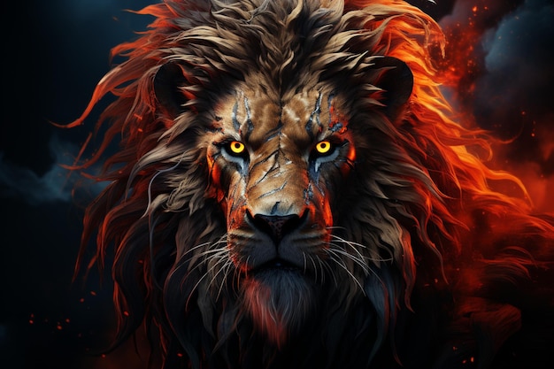 Un lion abstrait avec une fourrure de feu, un fond noir, une crinière majestueuse.