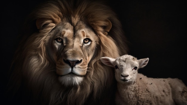 Le Lion et l'Agneau ensemble Image sur fond noir AI générative