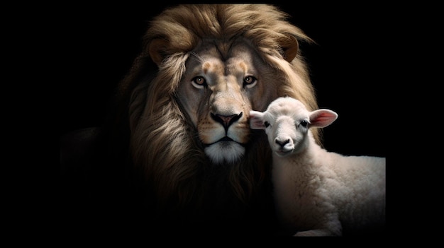 Le Lion et l'Agneau ensemble Image sur fond noir créé Generative AI