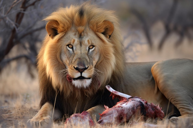 un lion allongé avec un animal mort