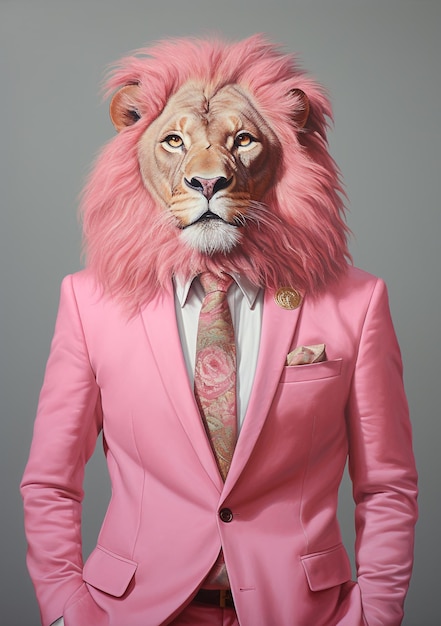 Photo lion anthropomorphique vêtu d'un costume élégant