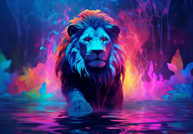 Lion arafé dans l'eau avec fond coloré ai génératif