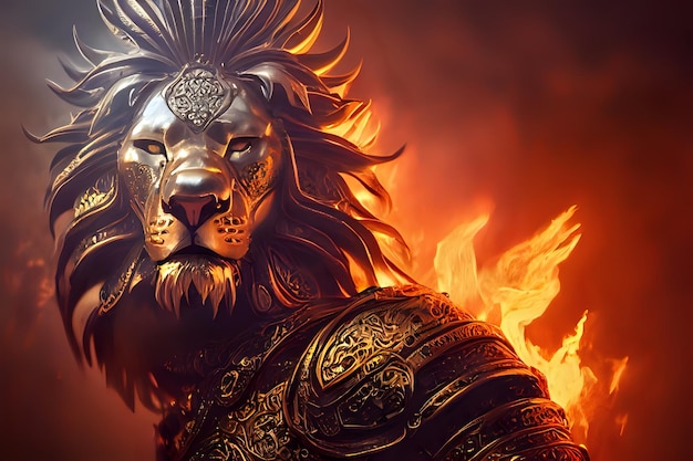 Lion avec armure en feu