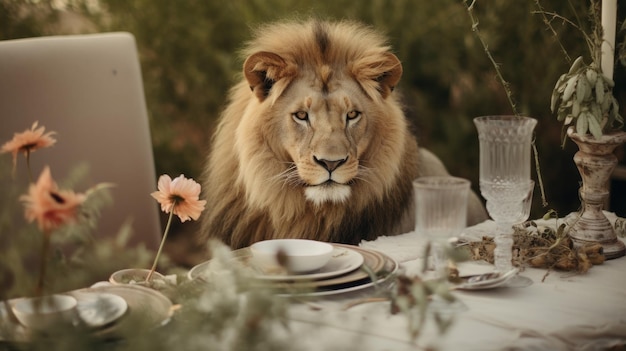 Un lion assis devant un ordinateur portable