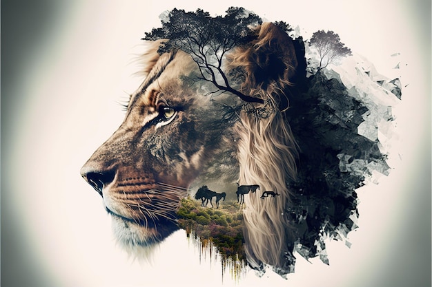 Lion au design moderne avec fond de double exposition de la jungle africaine