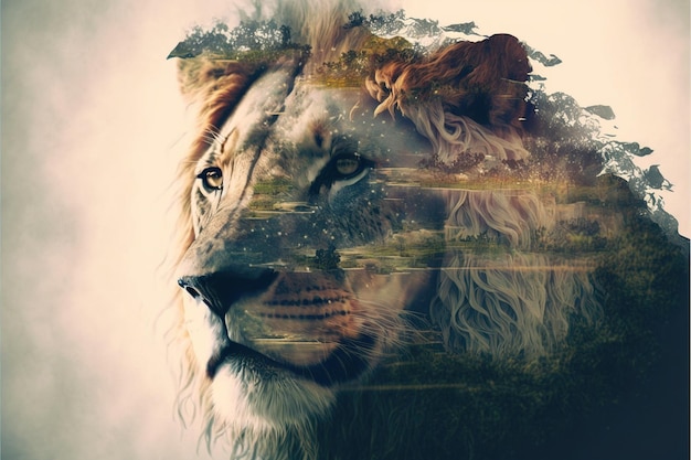 Photo lion au design moderne avec fond de double exposition de la jungle africaine