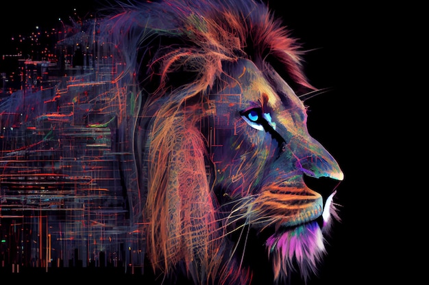 lion aux couleurs vives avec un fond noir ai générative