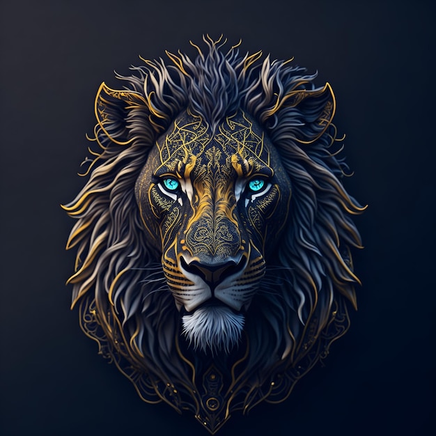 Un lion aux yeux bleus est sur un fond sombre.