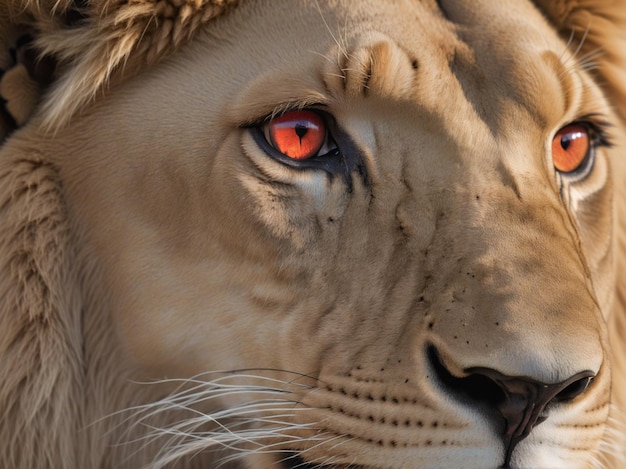 Un lion aux yeux rouges regarde fixement au loin.