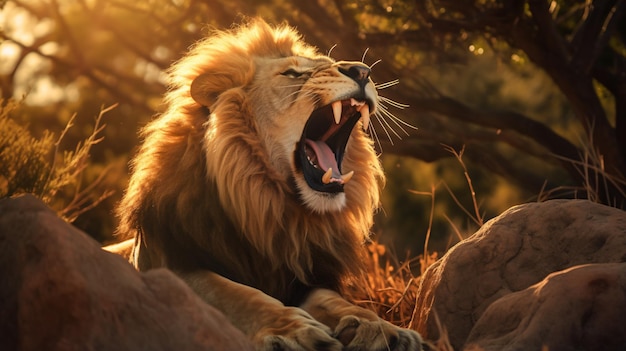 un lion bâille au soleil sur une colline rocheuse