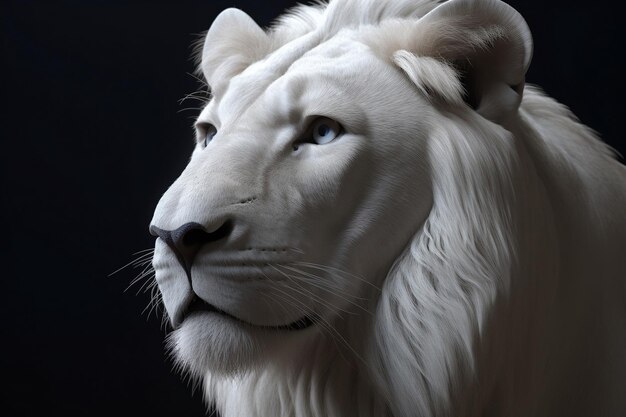Un lion blanc aux yeux bleus est assis sur un fond noir.