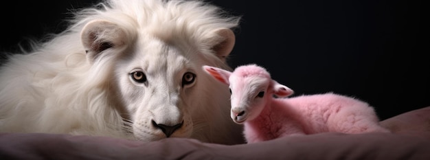 un lion blanc et un bébé agneau