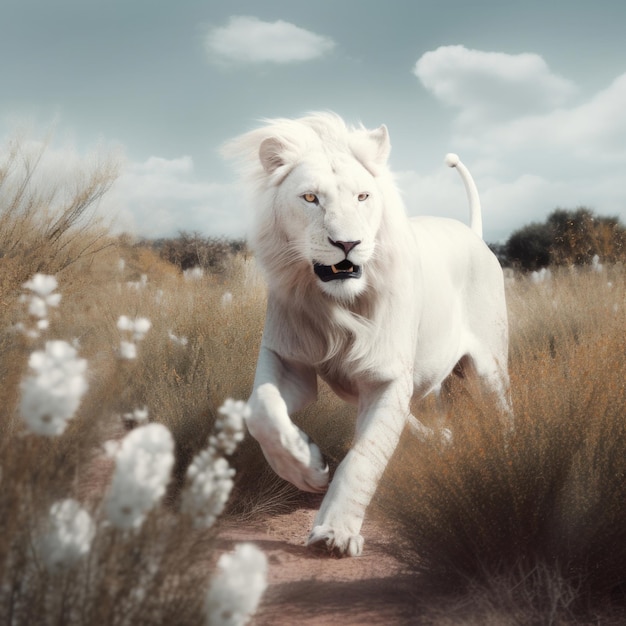 Un lion blanc court dans un champ d'herbe.