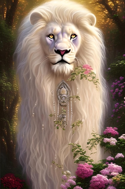 Un lion blanc avec une crinière blanche et un collier en or