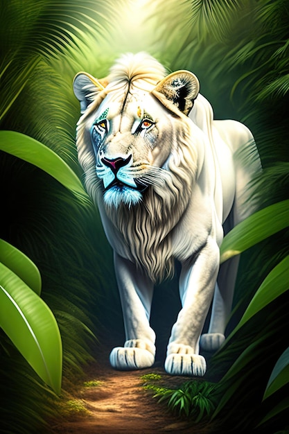 Lion blanc dans la jungle, jetant un coup d'oeil hors du fourré