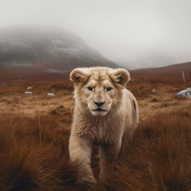 Un lion blanc marchant dans un champ avec des montagnes en arrière-plan