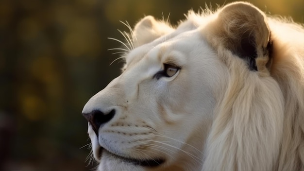 Un lion blanc regarde au loin.