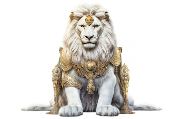 Le lion blanc royal avec costume de robe de luxe Close up King lion sur fond blanc Generative AI