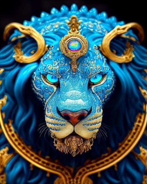 Un lion bleu et or avec un oeil d'or.