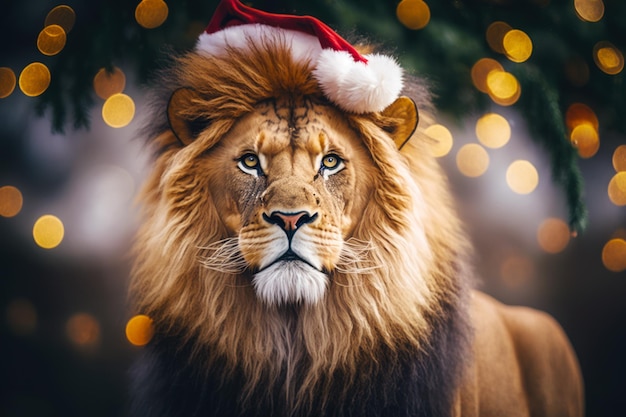 Lion avec bonnet de noel sur la tête regardant la caméra Generative AI