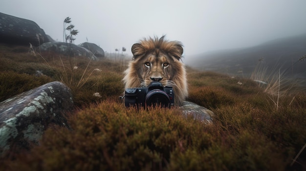 Un lion avec une caméra dans un champ