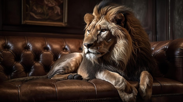 Un lion sur un canapé en cuir avec un coussin en cuir.