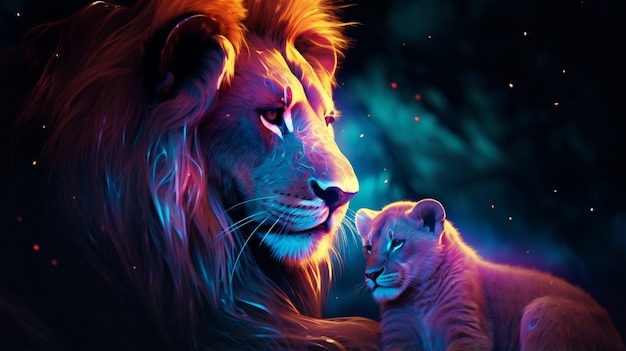 Lion caressant son veau néon lumière animal illustration image Ai généré art