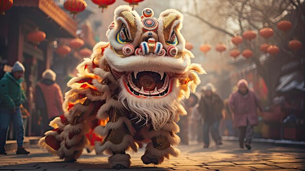 Un lion chinois dansant et célébrant le Nouvel An chinois dans la rue