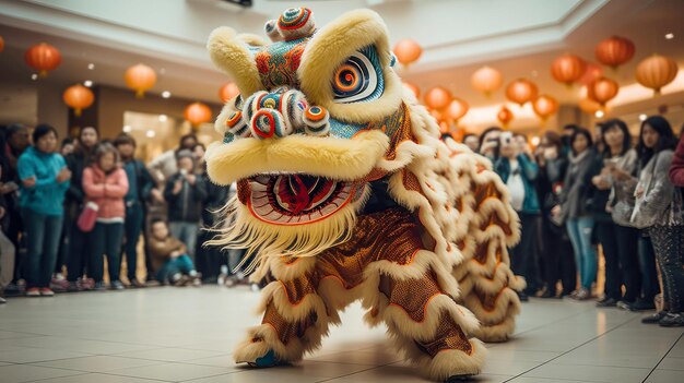 Un lion chinois danse et célèbre le Nouvel An chinois dans un centre commercial.