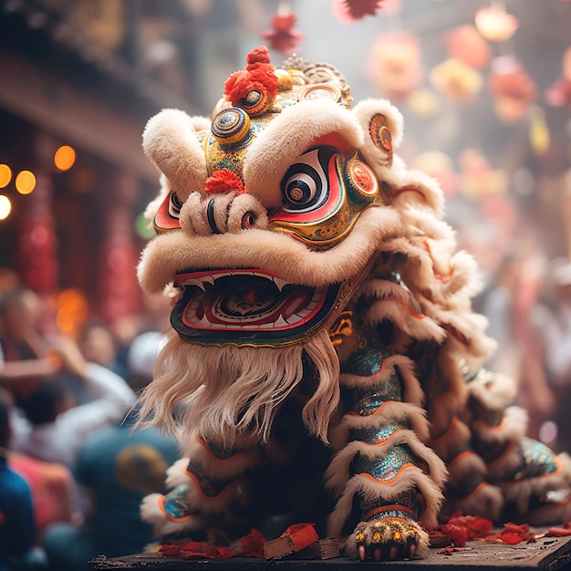 Un lion chinois danse dans la rue pour célébrer le Nouvel An chinois.