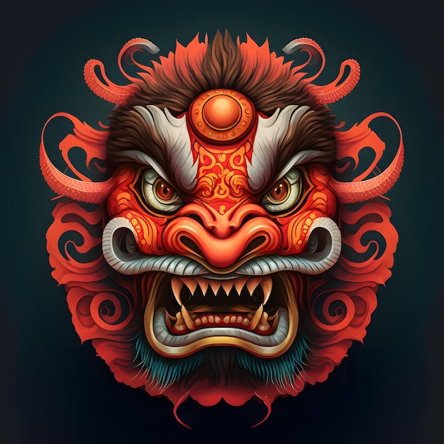 Un lion chinois avec un symbole chinois sur son visage