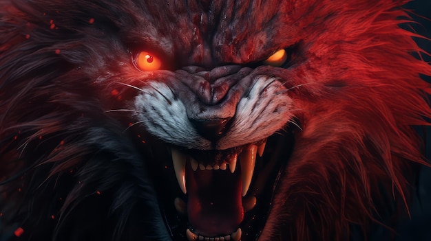 Un Lion En Colère Aux Yeux Rouges Sur Fond Sombre | Photo Premium
