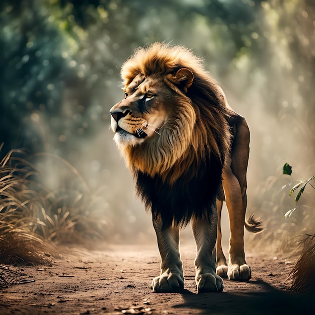 Lion en colère, le roi de la jungle sur une forêt IA générative