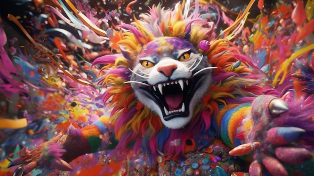 Un lion coloré avec une crinière arc-en-ciel et des yeux jaunes est entouré de gens.