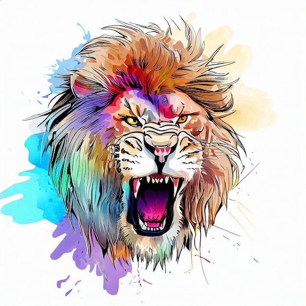 Un lion coloré avec un fond blanc et une touche de peinture noire et bleue.