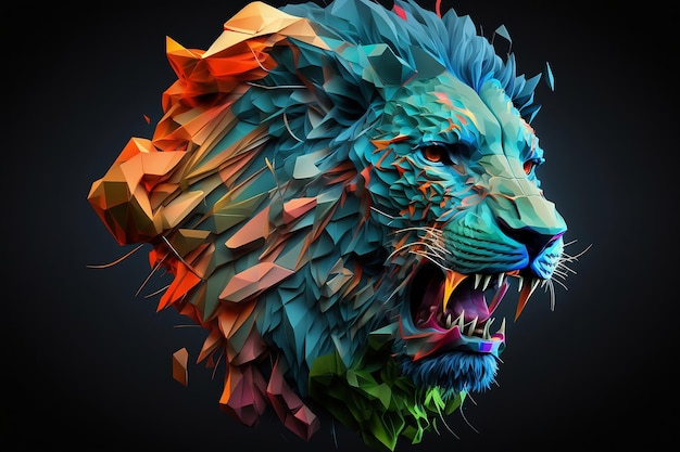 Un lion coloré avec un fond noir et un fond noir.