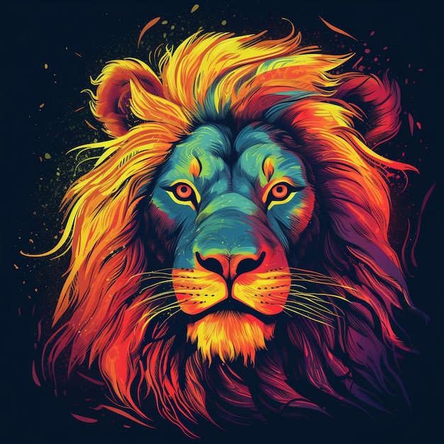 Un lion coloré avec un fond noir et un fond noir.
