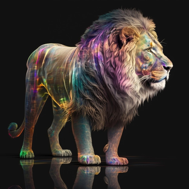 Un lion coloré avec un fond noir et un fond noir.