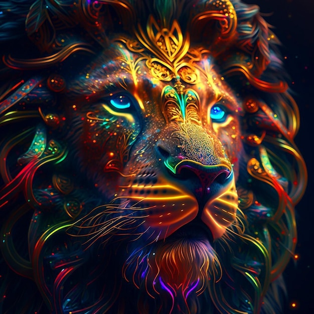 Un lion coloré avec un fond noir