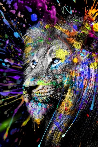 Un lion coloré avec un œil bleu et une crinière noire et jaune.