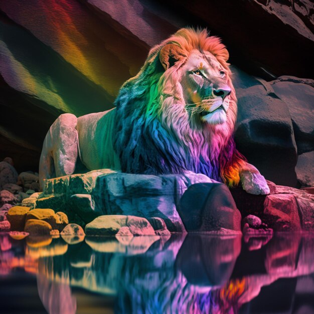 Un lion coloré se tient sur des rochers et l'eau reflète les couleurs de l'arc-en-ciel.