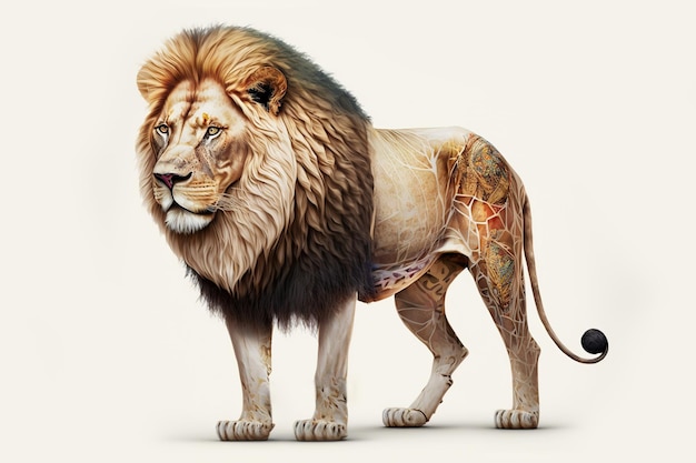 Lion complet du corps 3d dans un centre de studio complet de style dessin animé sur un petit fond blanc